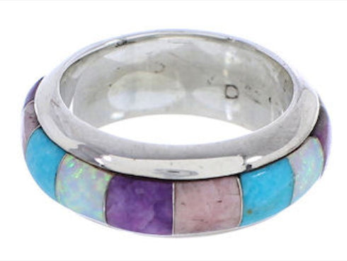 Multicolor Inlay Jewelry Sterling Silver Ring Band Size 8-1/2 HS35711